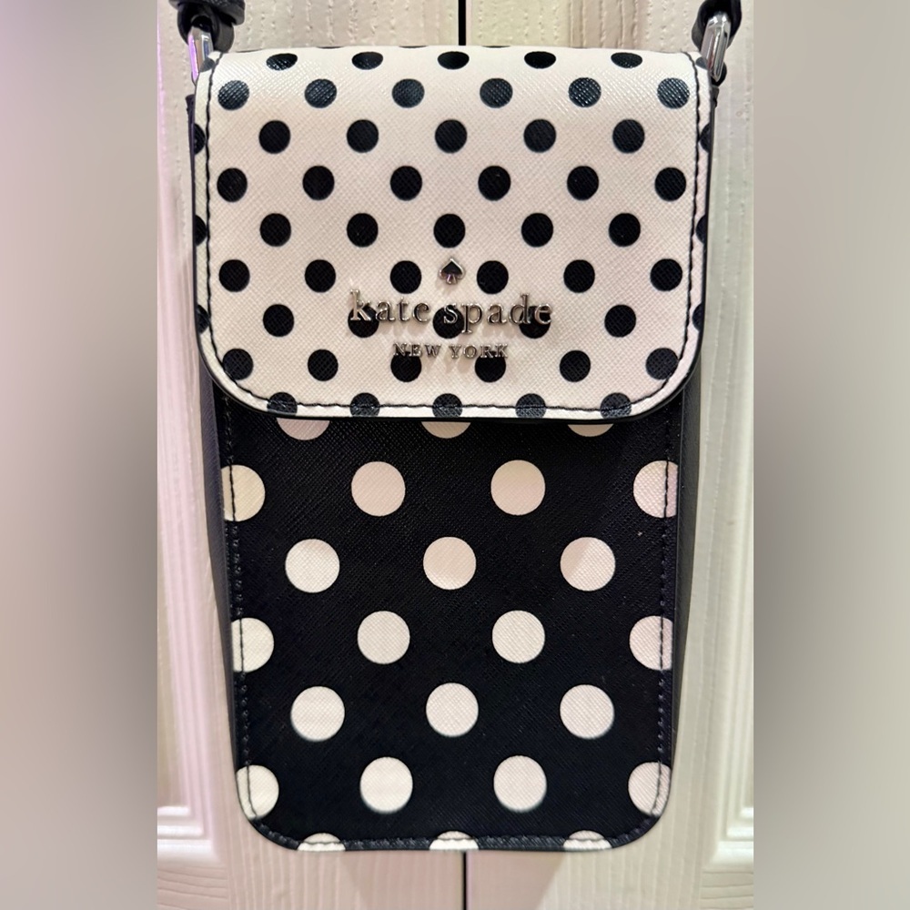 Kate Spade New York Black Leather W/polka Dots Small Crossbody Purse Magnetic
